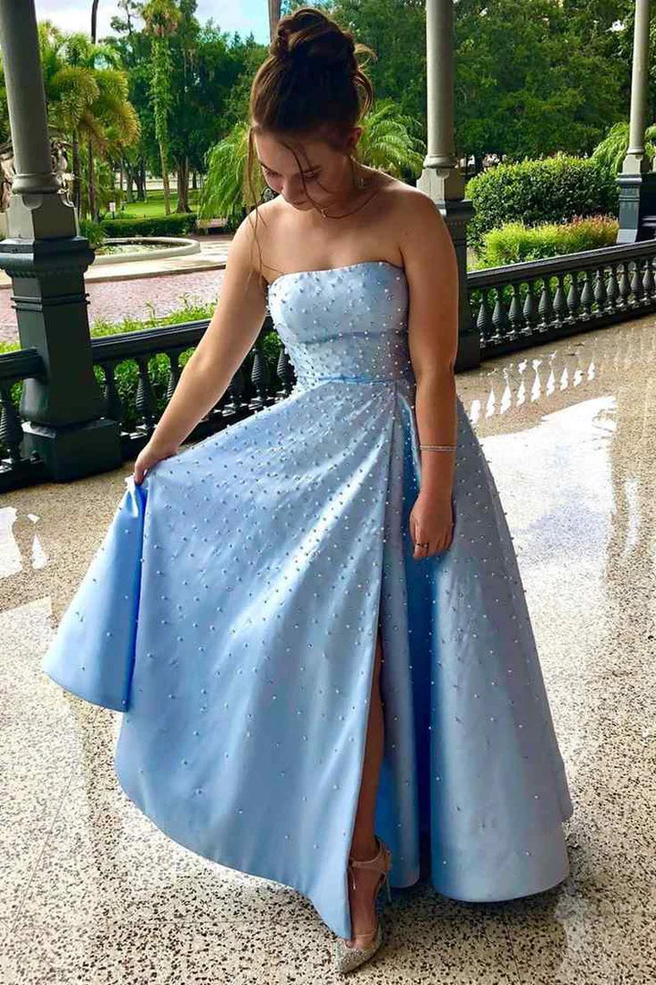 Vestido de fiesta sin tirantes, de satén, con cuentas y sin mangas, largo hasta el suelo y encaje